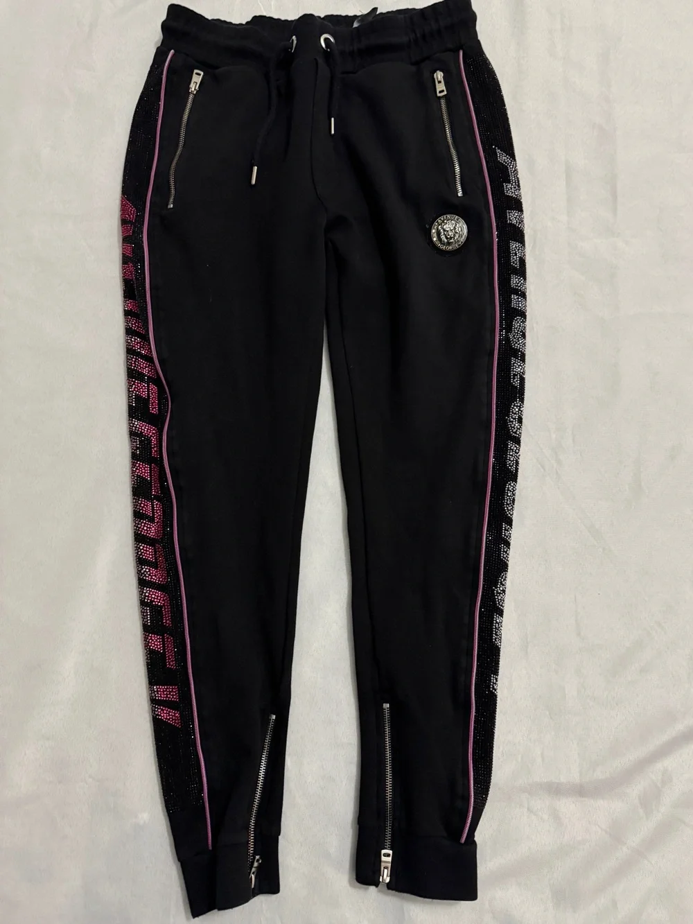 Avenue George V Paris Pink & Silver Rhinestone Jogger Sweatpants Bling Size L - Picture 9 of 14